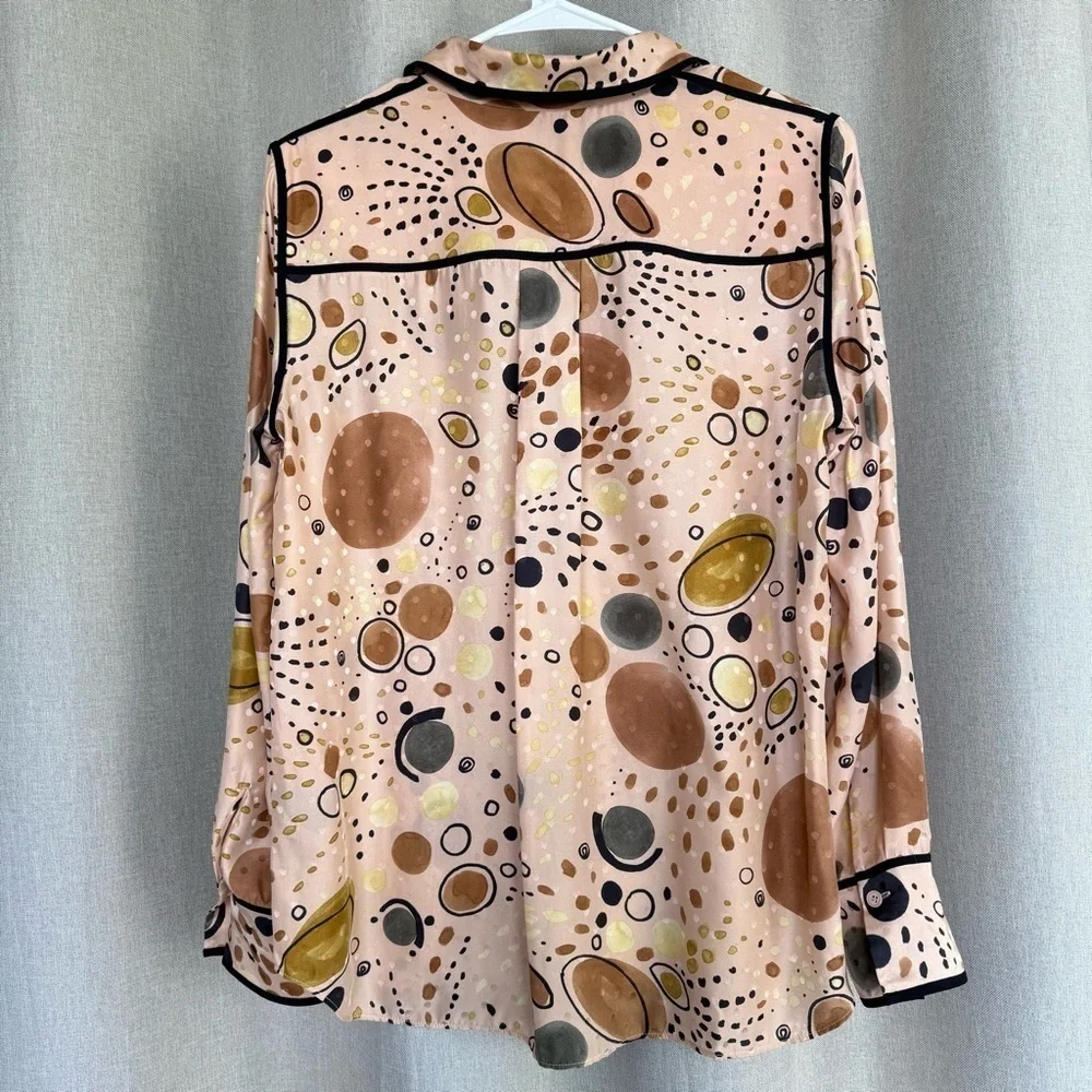 Lafayette 148 NWOT Silk Scottie Print Collar Pink Brown Long Sleeve Shirt S - Picture 4 of 11